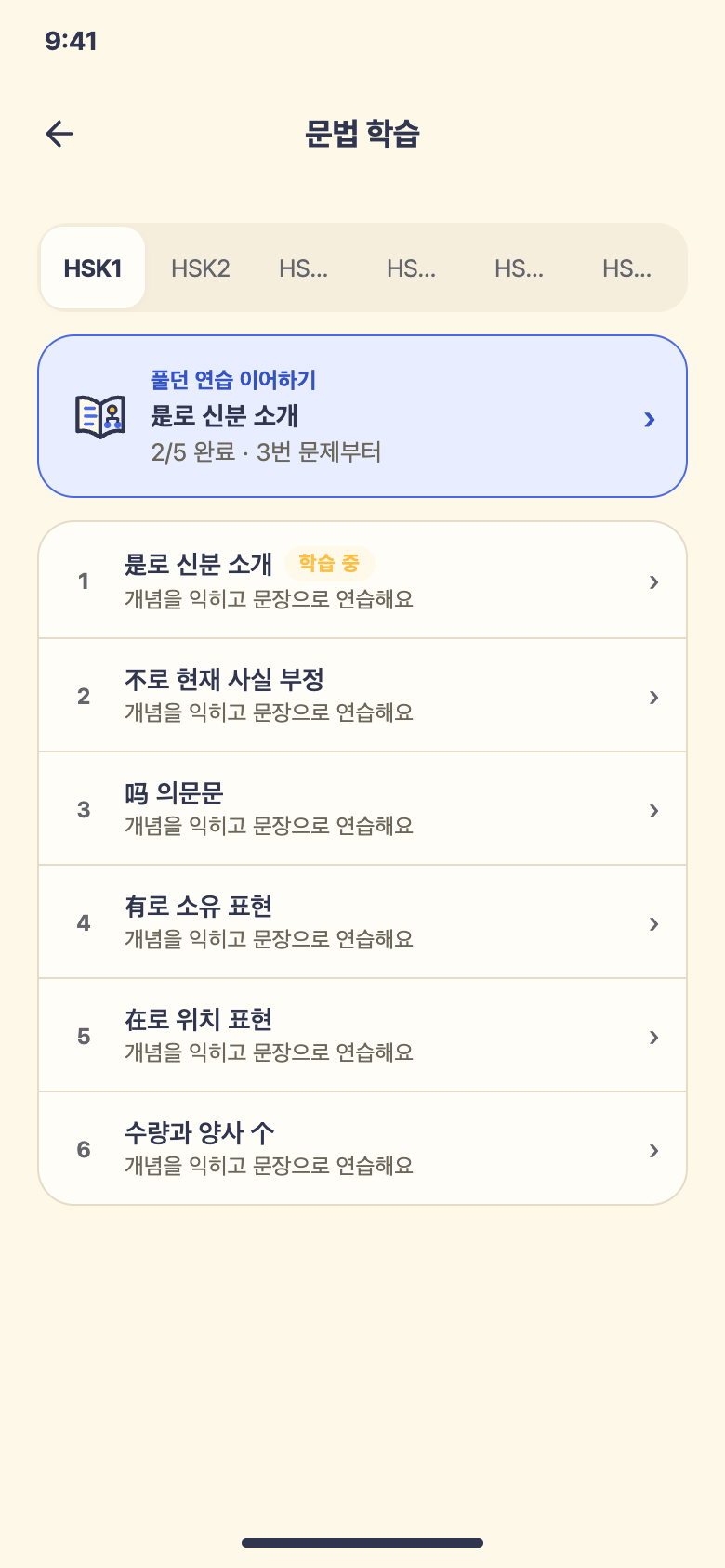 문법 학습 — 중국어 학습 화면 예시